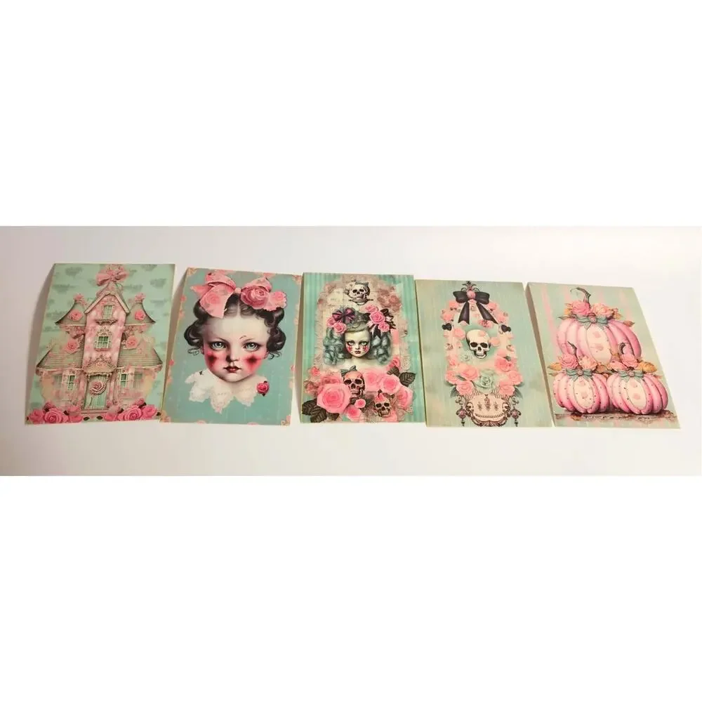 Set of 5 pastel goth postcards 🩷💀 creepy cute skulls, roses, gothic dolls